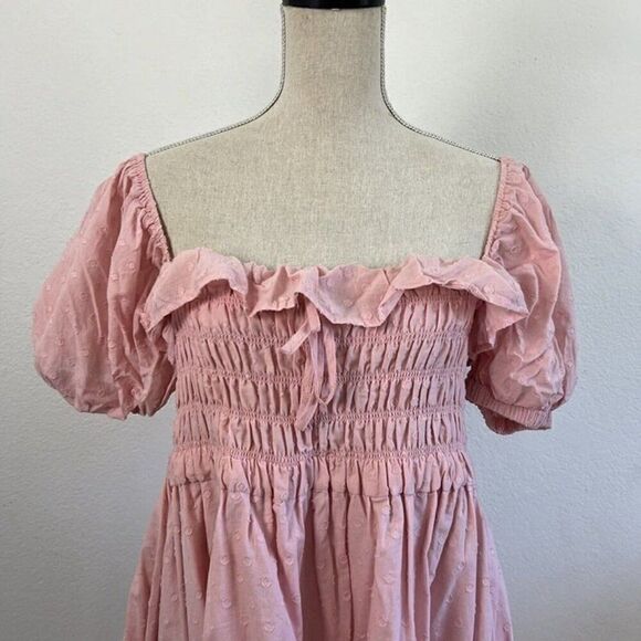 R.Vivimos Baby Pink Swiss Dot Cotton Puff Sleeve Ruffled Swing Mini Dress XL NWT - Picture 8 of 10
